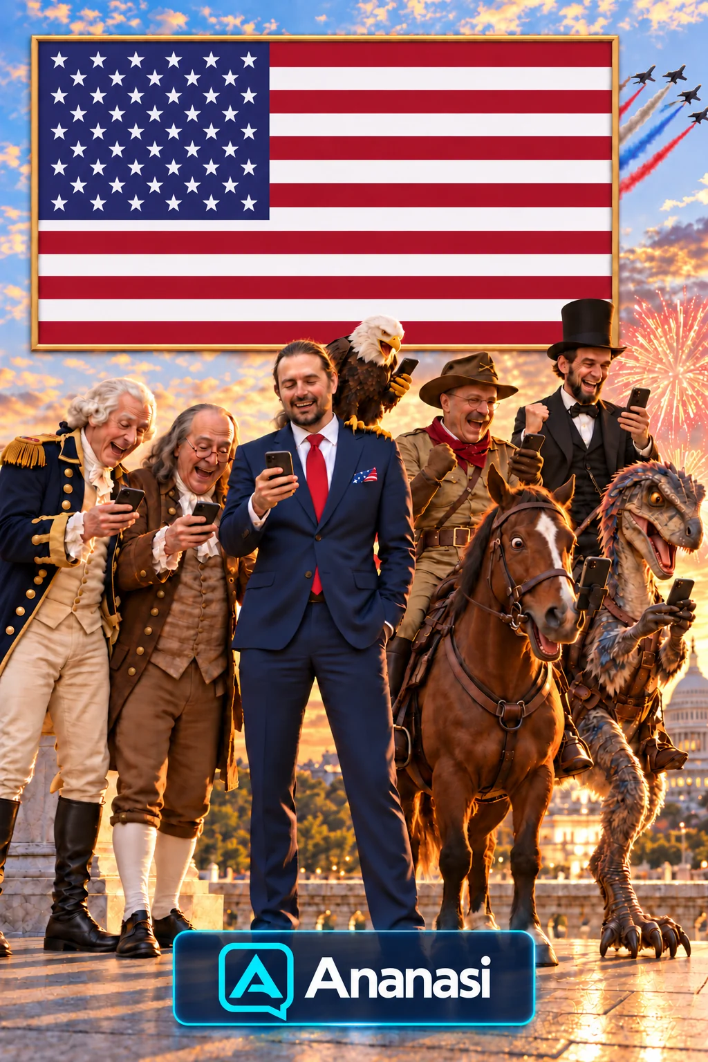 Playful Ananasi team illustration featuring historic leaders, smartphones, an eagle, a horse, and a velociraptor.